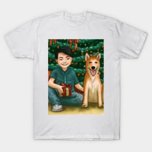 A boy and his Shiba Inu dog on Christmas morning T-Shirt